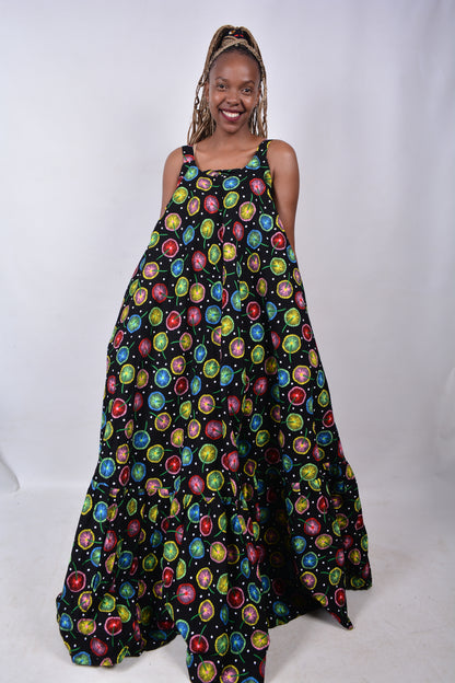 T8278 Traditional African Kente Fabric Black, Red, Pink, Green & White Dress