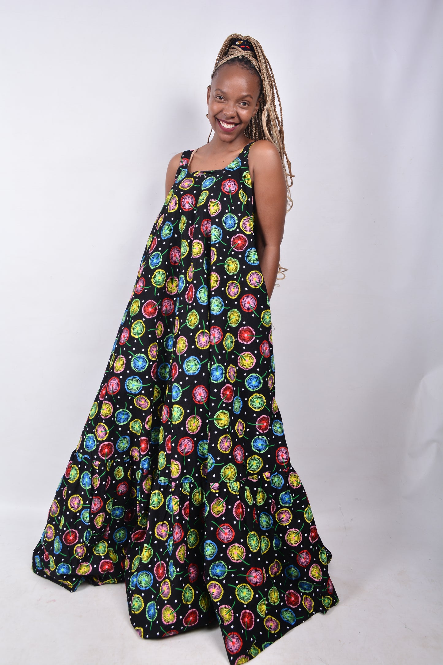 T8278 Traditional African Kente Fabric Black, Red, Pink, Green & White Dress