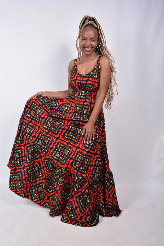 T8274 Traditional African Kente Fabric Red, Navy, Mustard & Black Dress