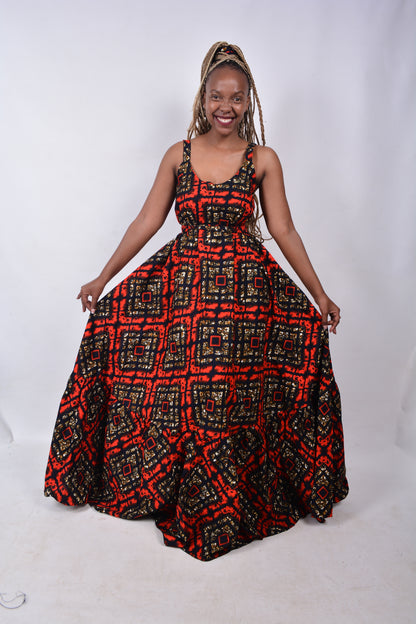 T8274 Traditional African Kente Fabric Red, Navy, Mustard & Black Dress