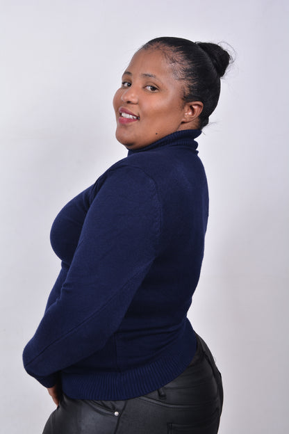 T8266 Unisex Long Sleeved Navy Blue Woollen Turtle Neck