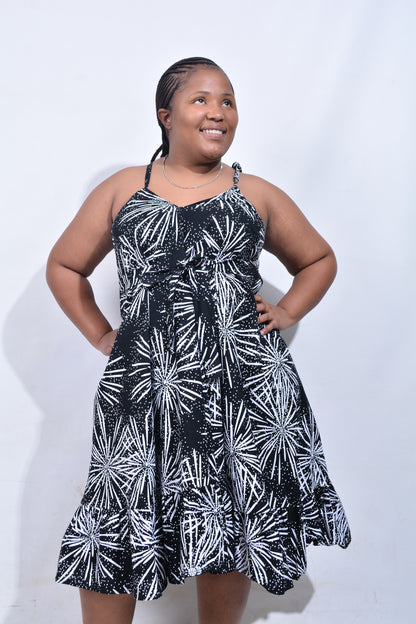 T8179 Traditional African Kente Fabric Black & White Dress