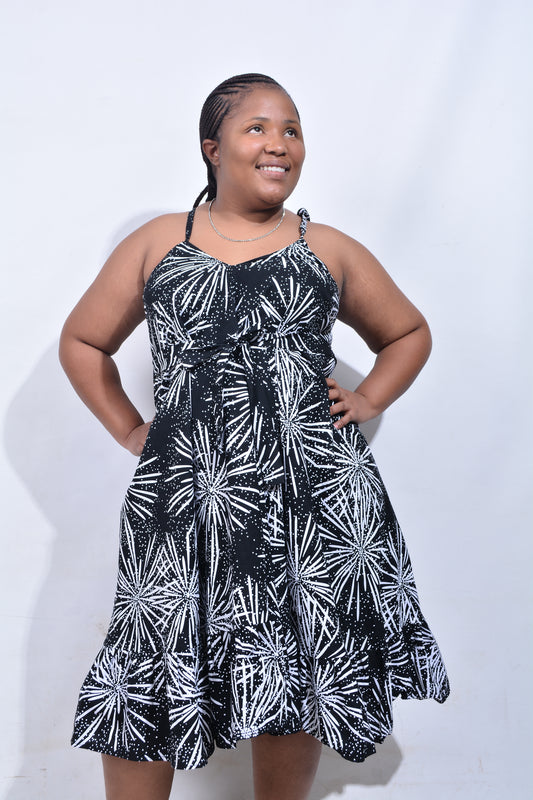 T8179 Traditional African Kente Fabric Black & White Dress