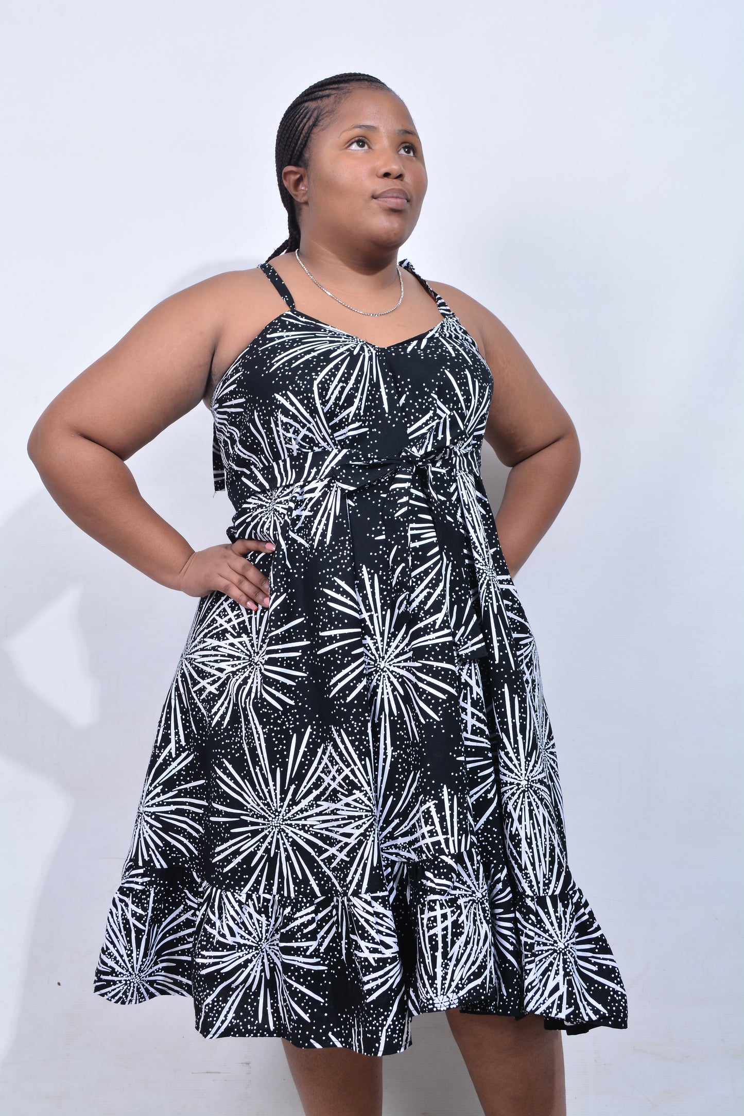 T8179 Traditional African Kente Fabric Black & White Dress