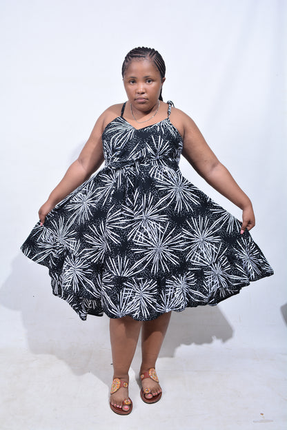 T8179 Traditional African Kente Fabric Black & White Dress