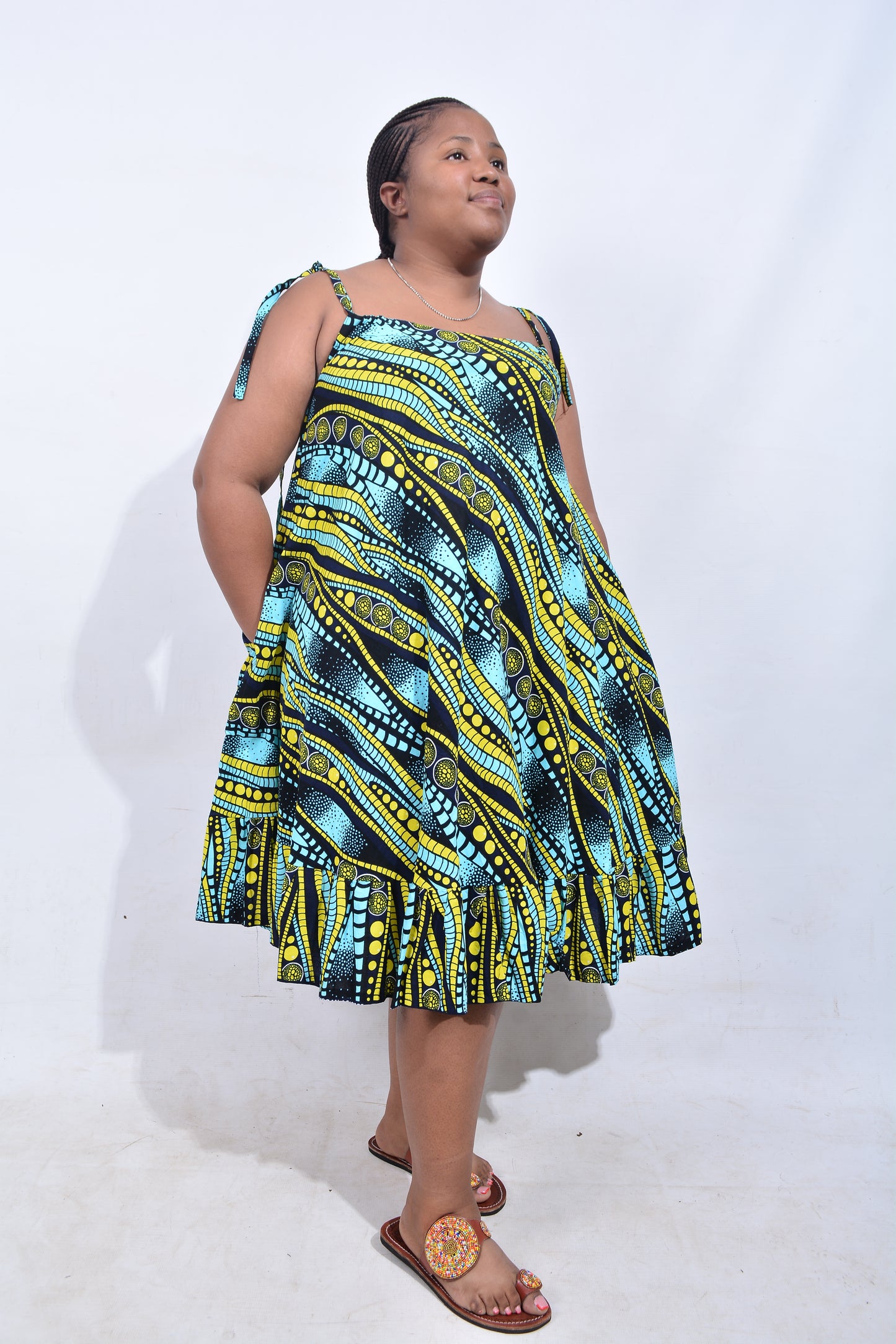 T8191 Traditional African Kente Fabric Blue, Navy Blue & Yellow Dress