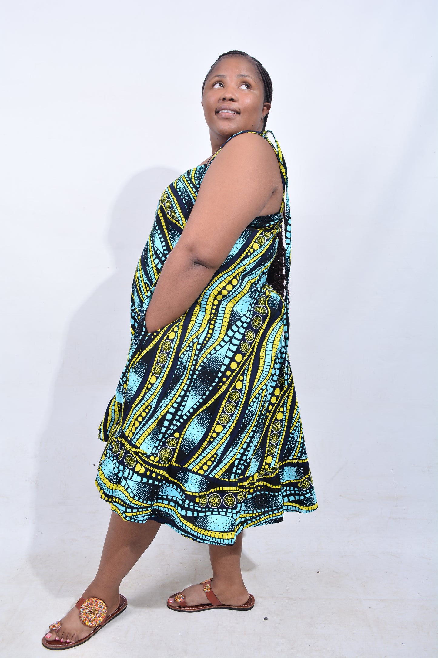 T8191 Traditional African Kente Fabric Blue, Navy Blue & Yellow Dress