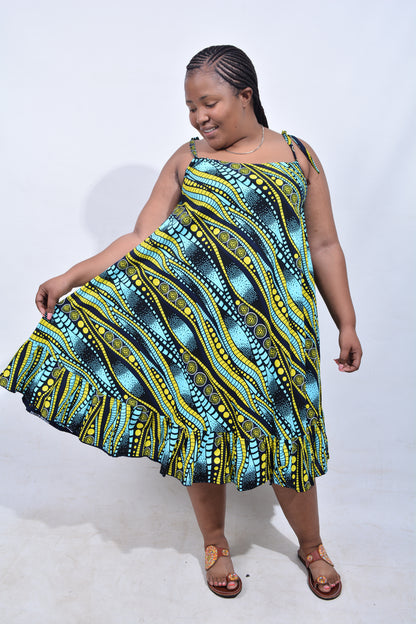 T8191 Traditional African Kente Fabric Blue, Navy Blue & Yellow Dress