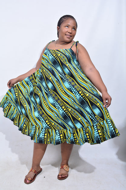 T8191 Traditional African Kente Fabric Blue, Navy Blue & Yellow Dress