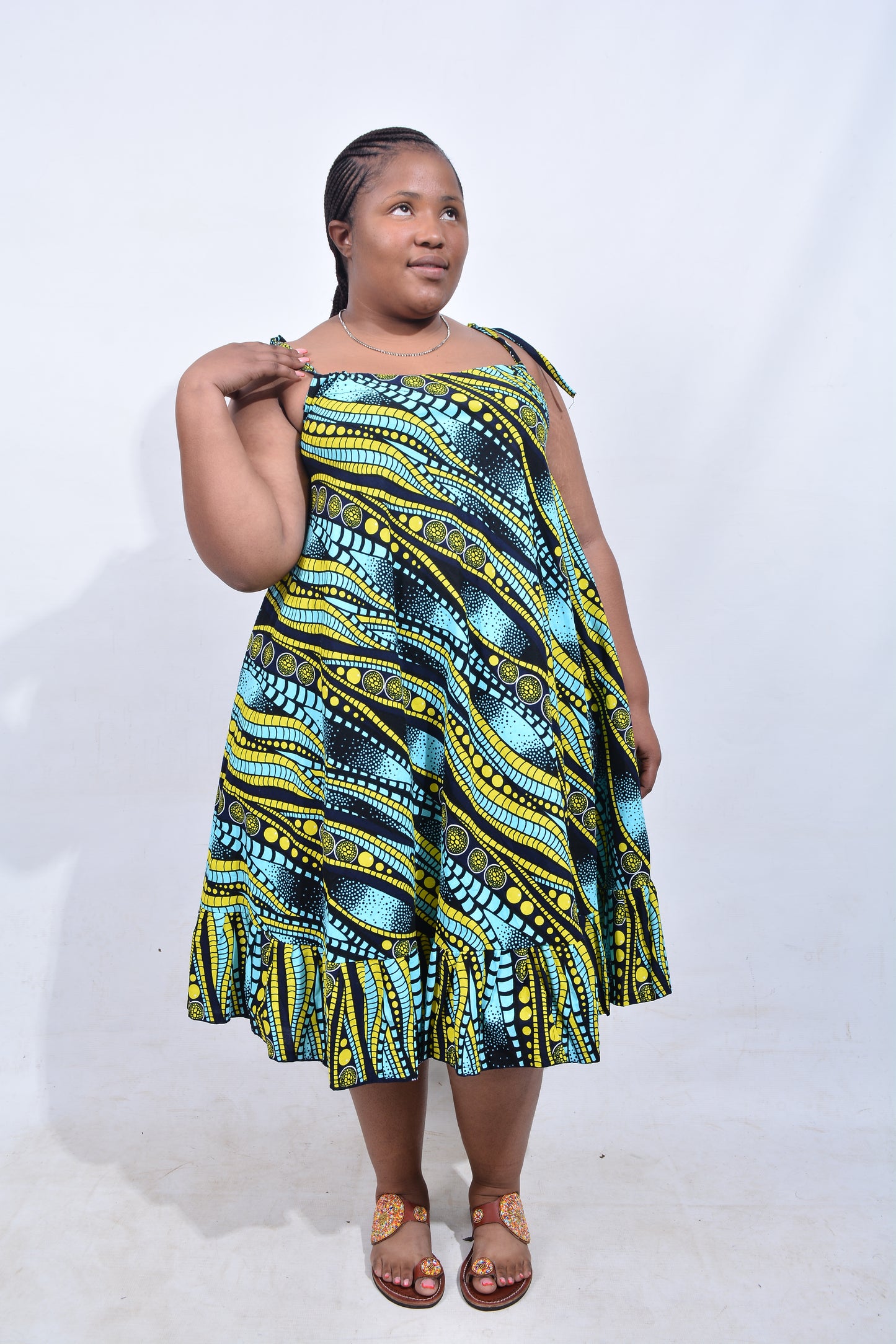 T8191 Traditional African Kente Fabric Blue, Navy Blue & Yellow Dress
