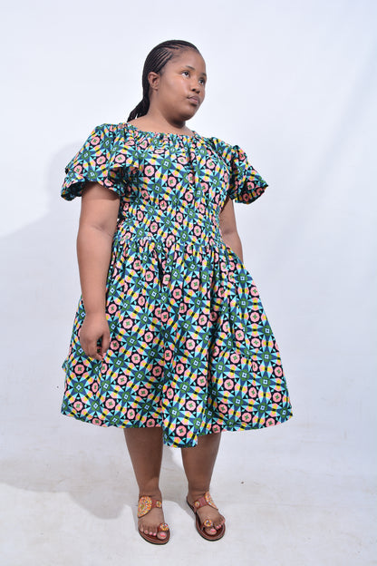 T8203 Traditional African Kente Fabric Green, Pink, Yellow & Black Dress