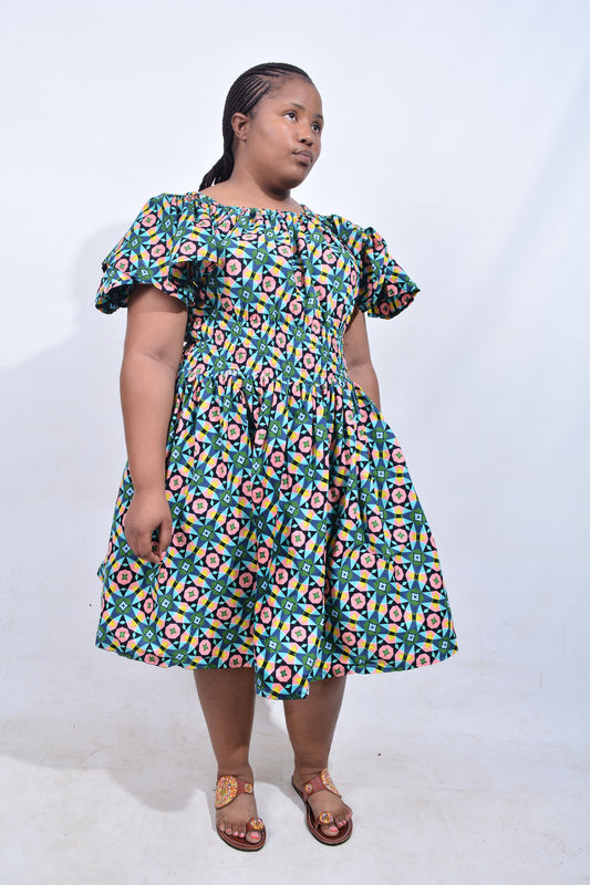 T8203 Traditional African Kente Fabric Green, Pink, Yellow & Black Dress