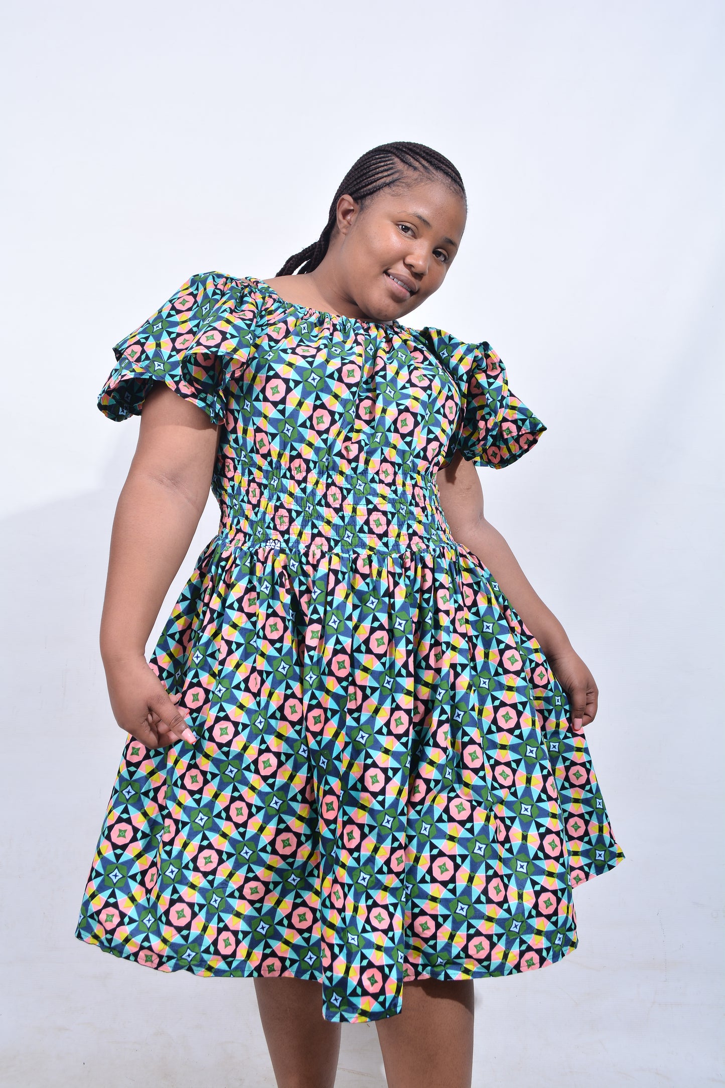 T8203 Traditional African Kente Fabric Green, Pink, Yellow & Black Dress