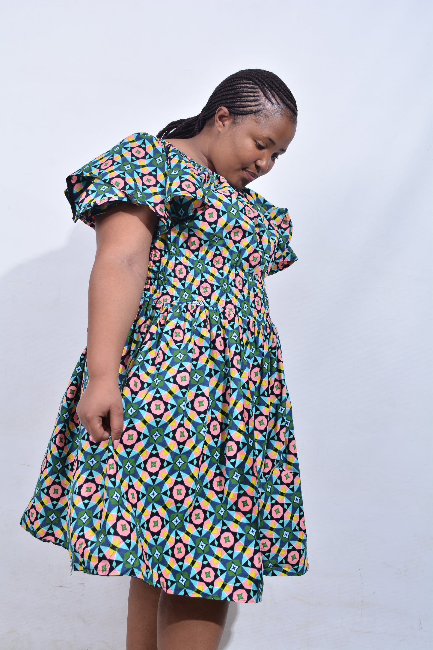 T8203 Traditional African Kente Fabric Green, Pink, Yellow & Black Dress