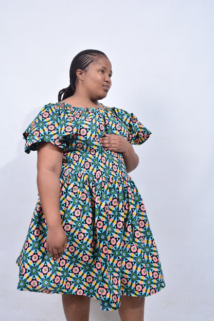 T8203 Traditional African Kente Fabric Green, Pink, Yellow & Black Dress