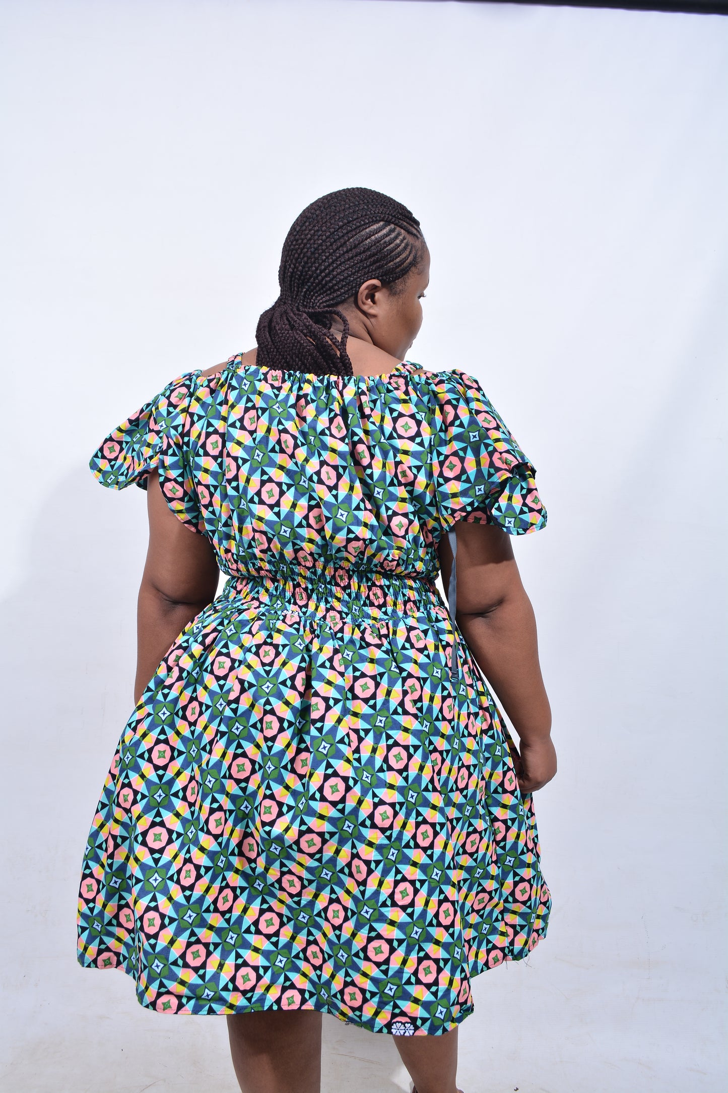 T8203 Traditional African Kente Fabric Green, Pink, Yellow & Black Dress