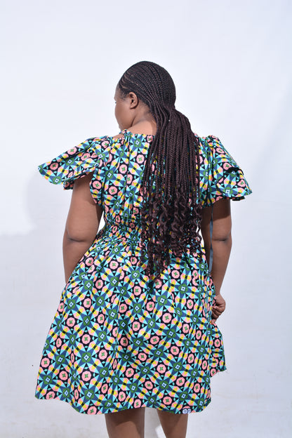 T8203 Traditional African Kente Fabric Green, Pink, Yellow & Black Dress