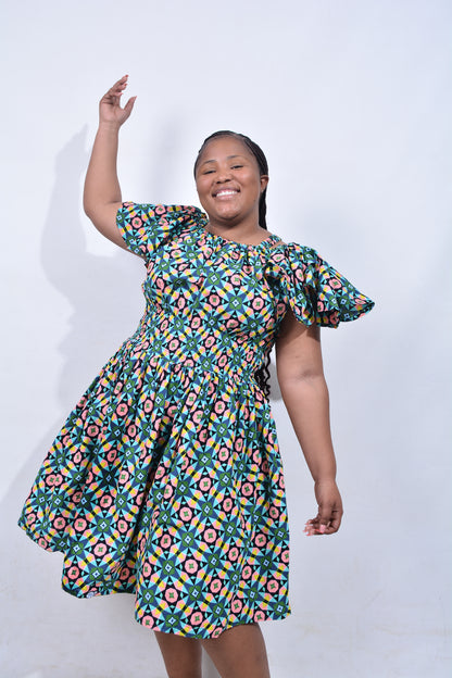 T8203 Traditional African Kente Fabric Green, Pink, Yellow & Black Dress