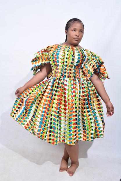 T8208 Traditional African Kente Fabric Blue Mustard Black Dress