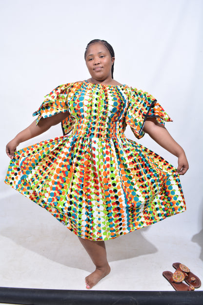 T8208 Traditional African Kente Fabric Blue Mustard Black Dress