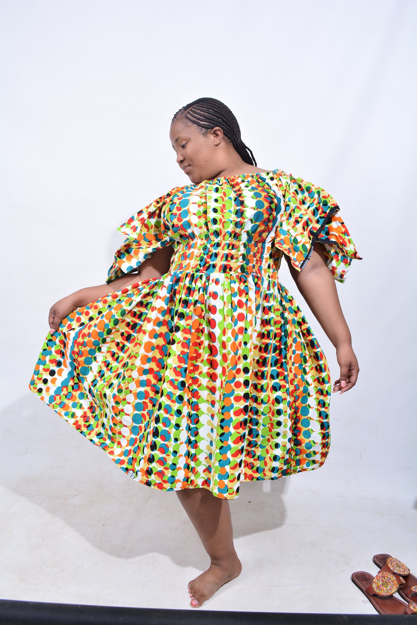T8208 Traditional African Kente Fabric Blue Mustard Black Dress