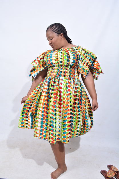 T8208 Traditional African Kente Fabric Blue Mustard Black Dress