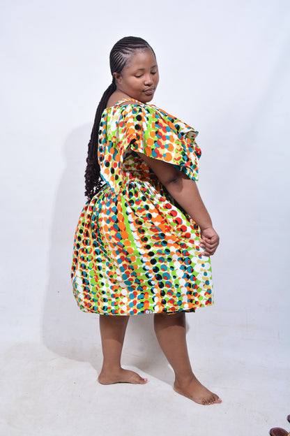 T8208 Traditional African Kente Fabric Blue Mustard Black Dress