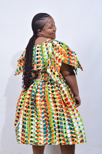 T8208 Traditional African Kente Fabric Blue Mustard Black Dress