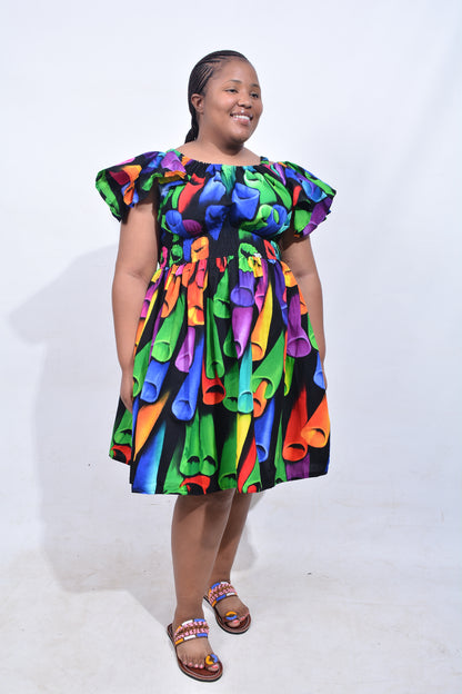 T8209 Traditional African Kente Fabric Green, Purple, Yellow & Black Dress