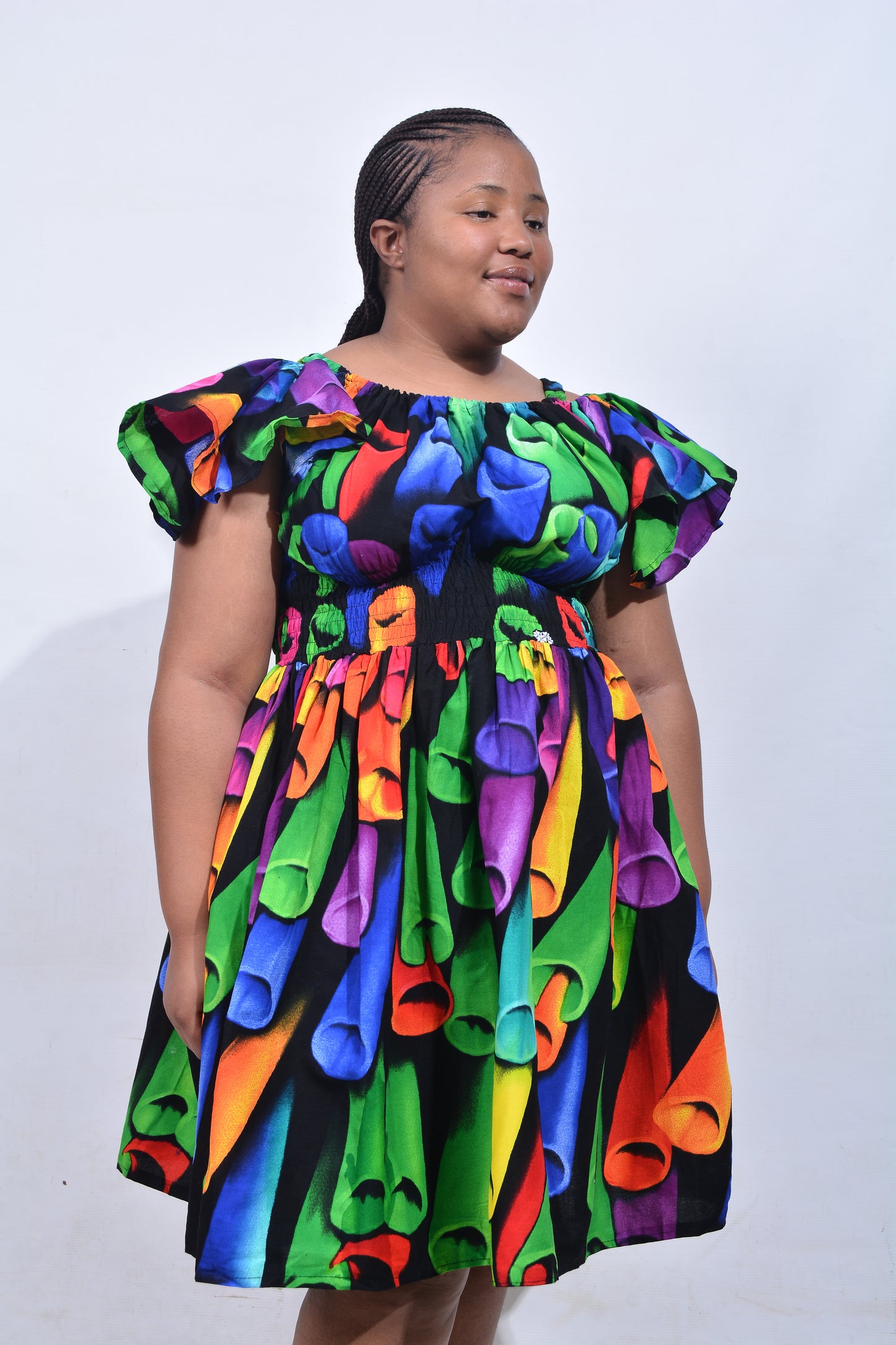 T8209 Traditional African Kente Fabric Green, Purple, Yellow & Black Dress