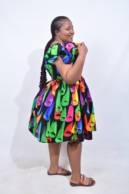 T8209 Traditional African Kente Fabric Green, Purple, Yellow & Black Dress