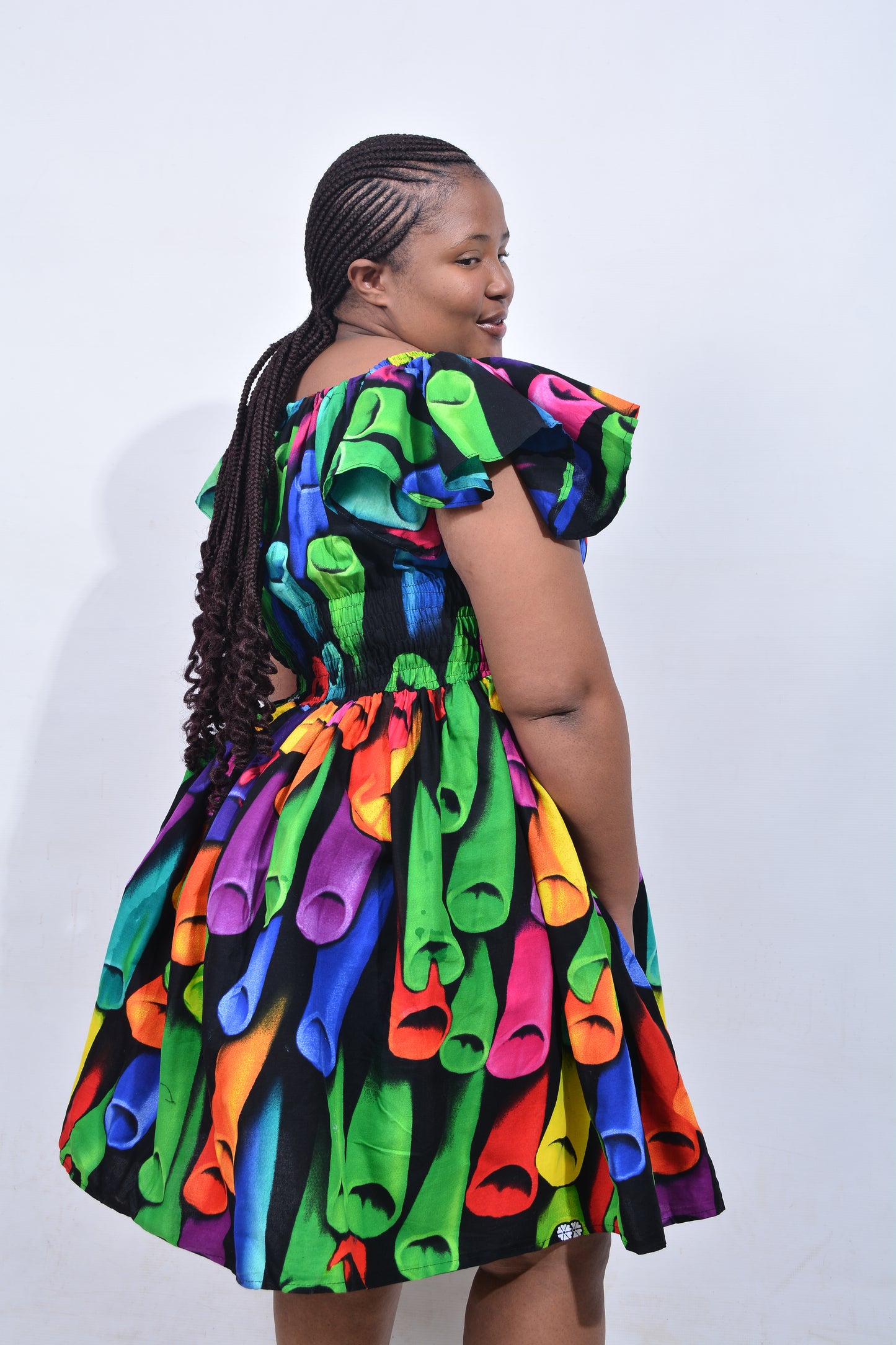 T8209 Traditional African Kente Fabric Green, Purple, Yellow & Black Dress