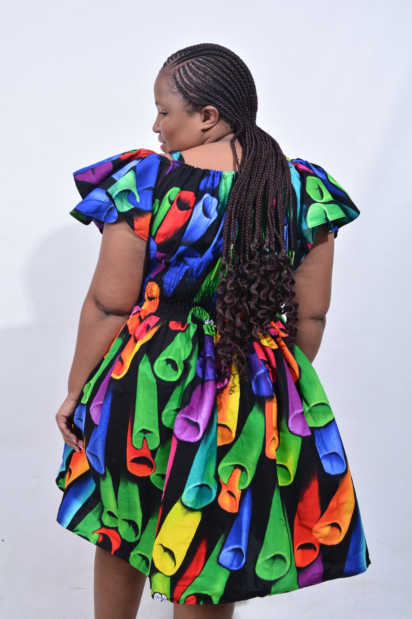 T8209 Traditional African Kente Fabric Green, Purple, Yellow & Black Dress