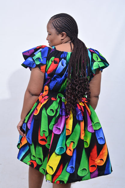 T8209 Traditional African Kente Fabric Green, Purple, Yellow & Black Dress