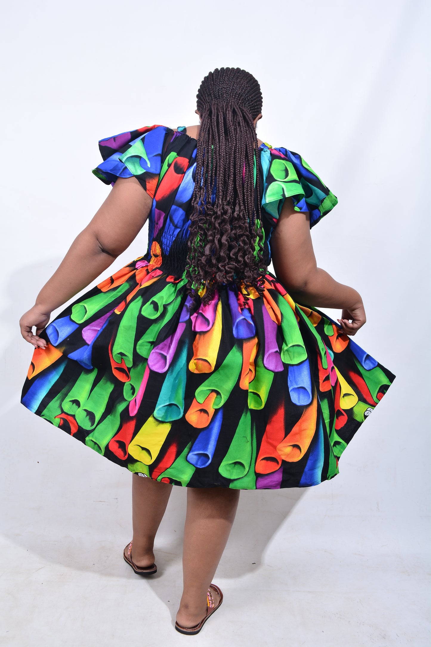 T8209 Traditional African Kente Fabric Green, Purple, Yellow & Black Dress