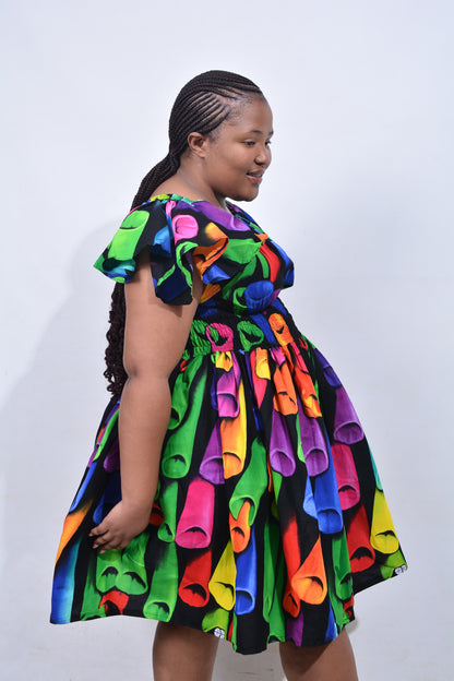 T8209 Traditional African Kente Fabric Green, Purple, Yellow & Black Dress