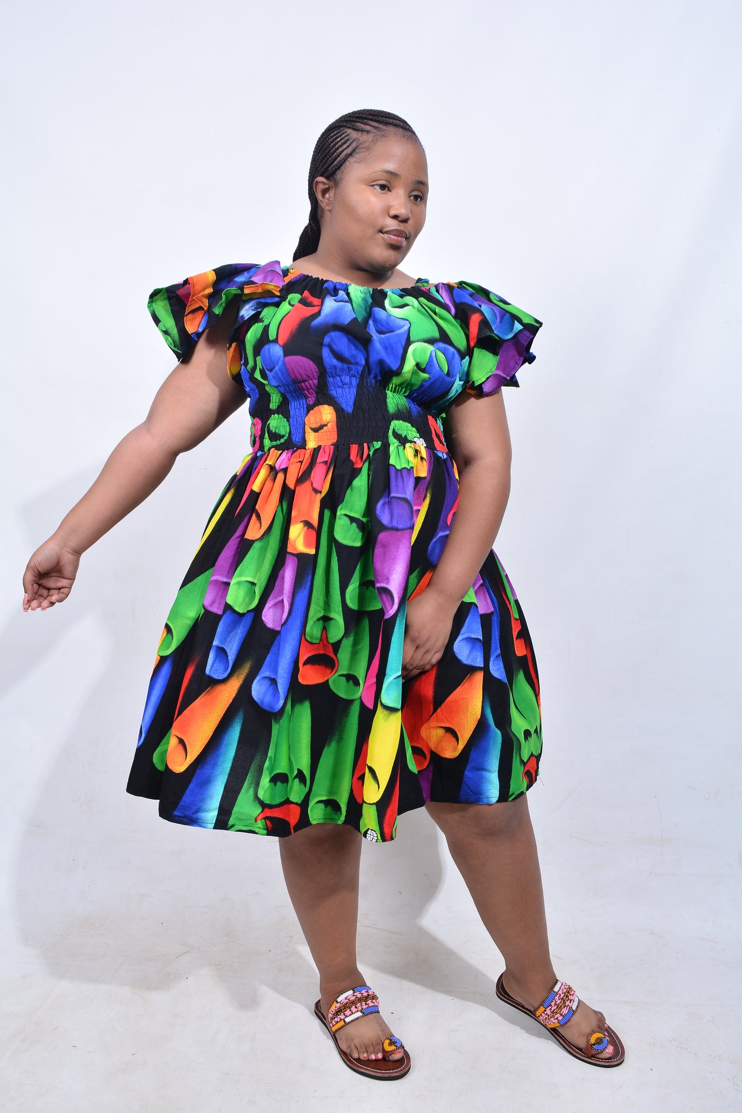 T8209 Traditional African Kente Fabric Green, Purple, Yellow & Black Dress