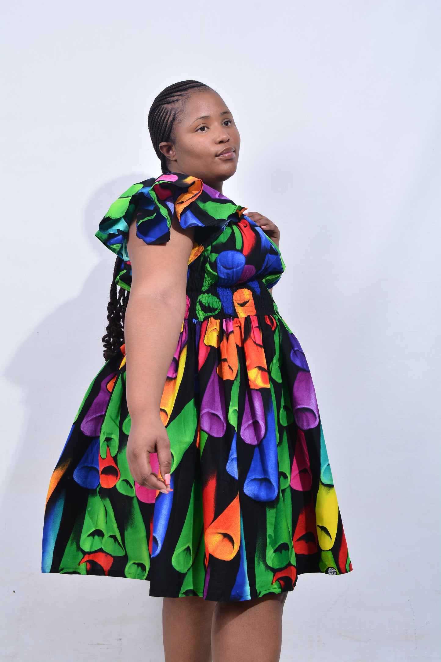 T8209 Traditional African Kente Fabric Green, Purple, Yellow & Black Dress