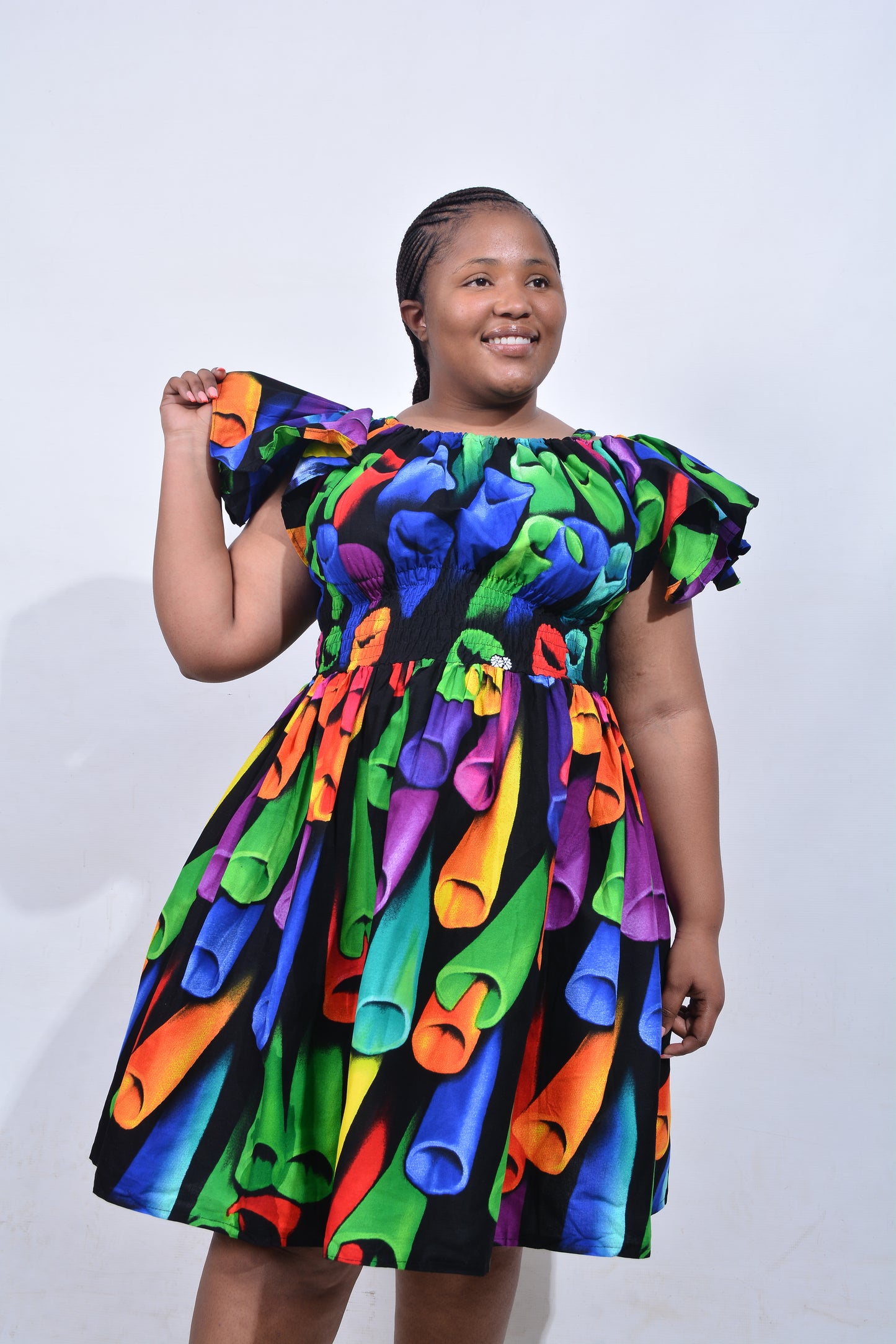 T8209 Traditional African Kente Fabric Green, Purple, Yellow & Black Dress