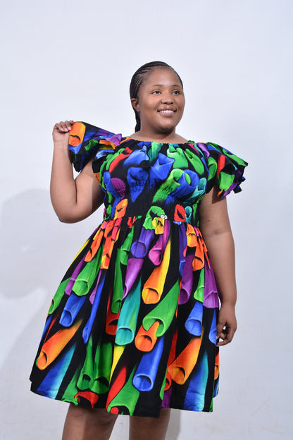 T8209 Traditional African Kente Fabric Green, Purple, Yellow & Black Dress