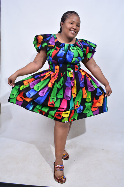 T8209 Traditional African Kente Fabric Green, Purple, Yellow & Black Dress