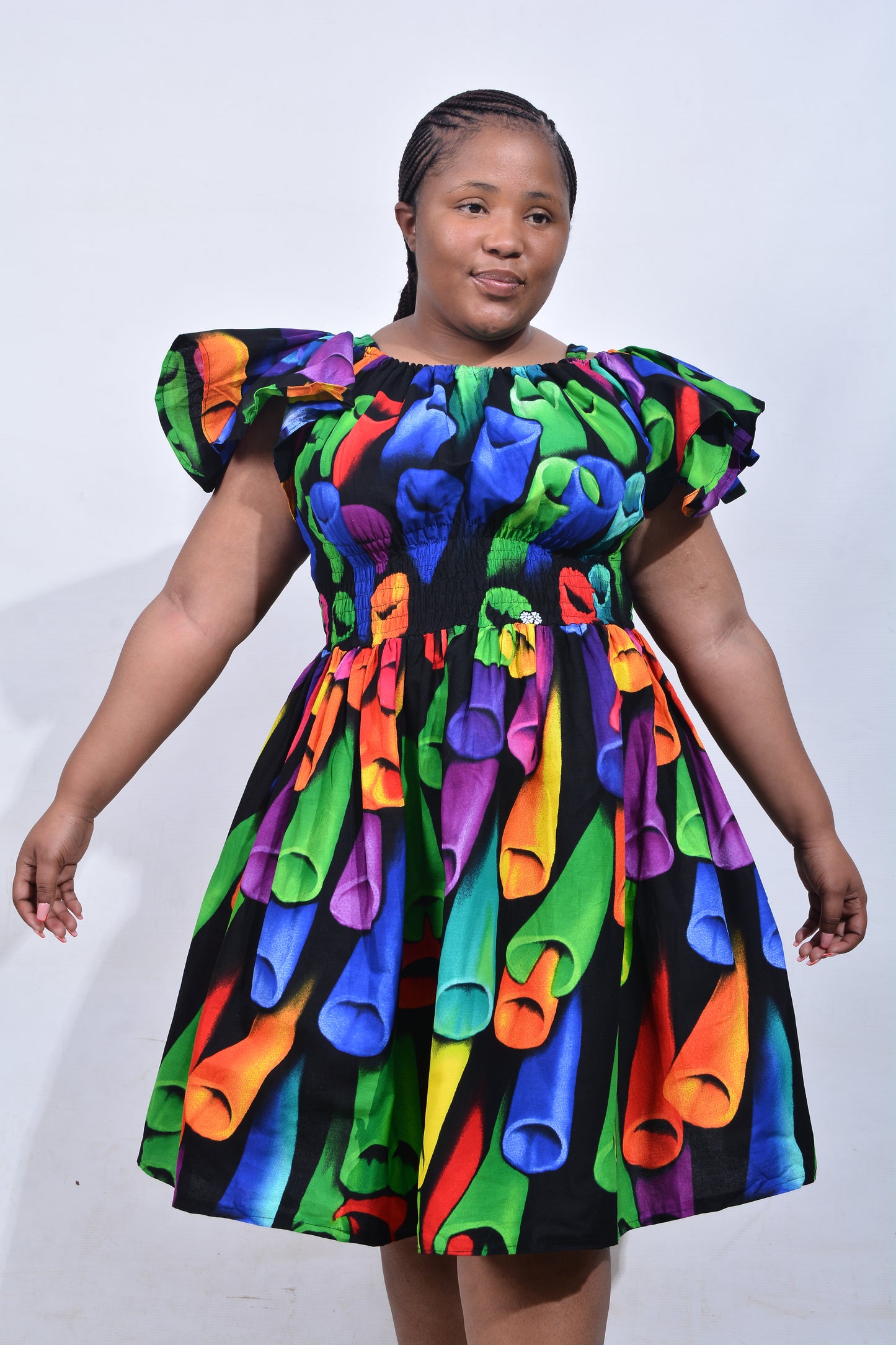 T8209 Traditional African Kente Fabric Green, Purple, Yellow & Black Dress