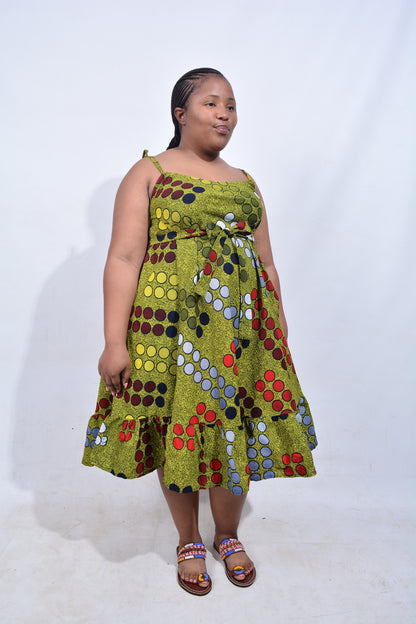 T8210 Traditional African Kente Fabric Yellow, Red, White & Black Dress