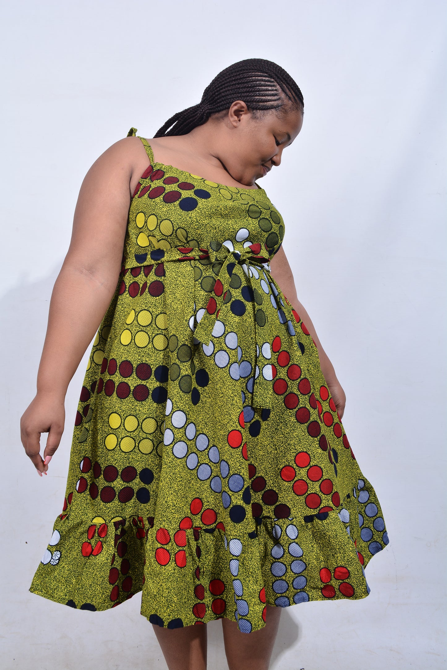 T8210 Traditional African Kente Fabric Yellow, Red, White & Black Dress