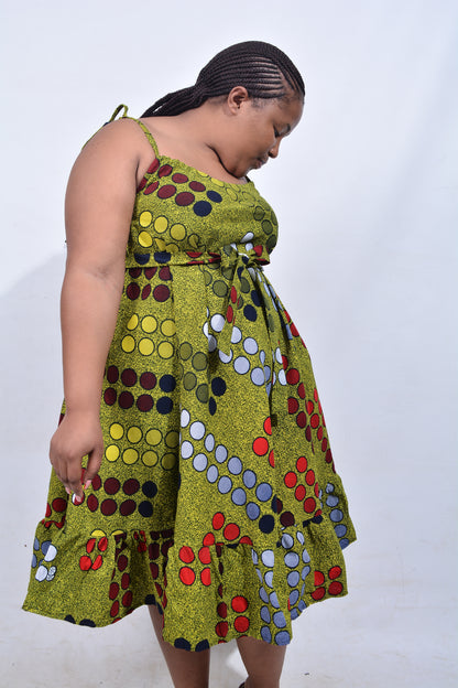 T8210 Traditional African Kente Fabric Yellow, Red, White & Black Dress