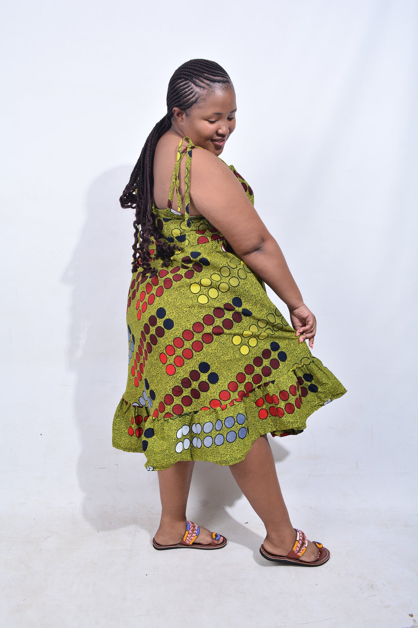 T8210 Traditional African Kente Fabric Yellow, Red, White & Black Dress