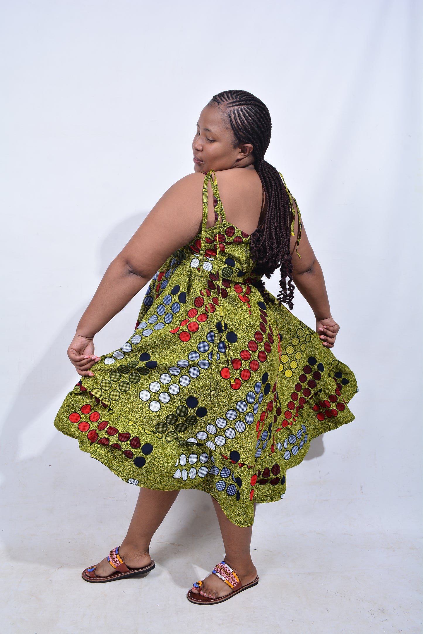 T8210 Traditional African Kente Fabric Yellow, Red, White & Black Dress
