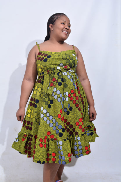 T8210 Traditional African Kente Fabric Yellow, Red, White & Black Dress
