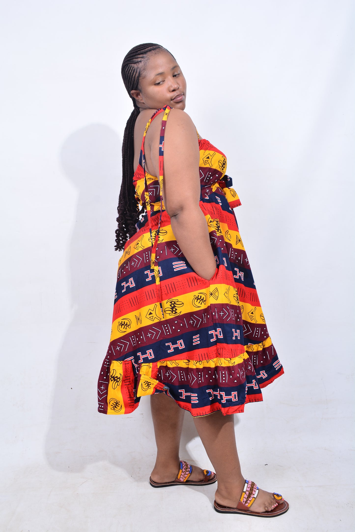 T8211 Traditional African Kente Fabric Yellow, Red, Navy, White & Brown Dress