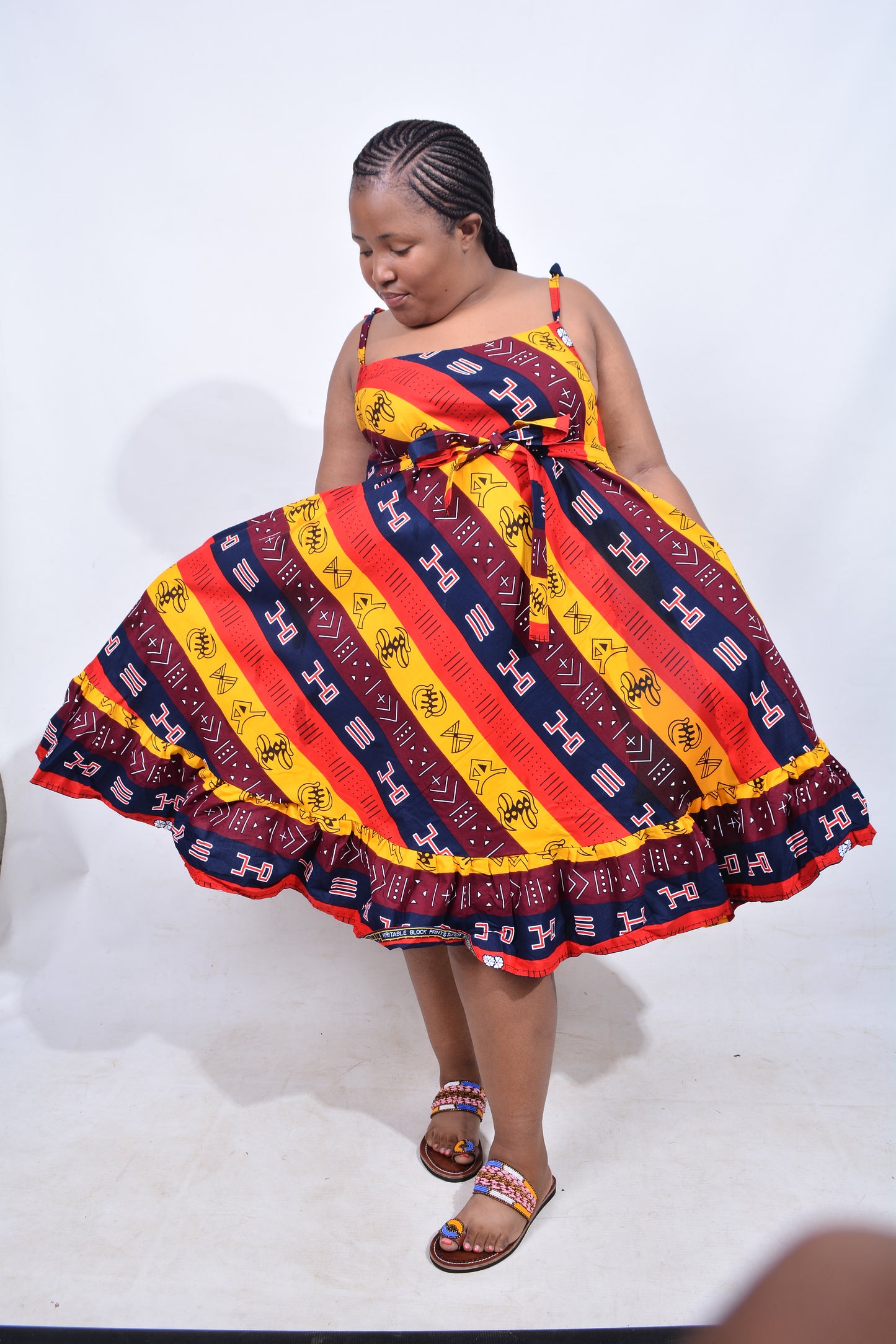 T8211 Traditional African Kente Fabric Yellow, Red, Navy, White & Brown Dress